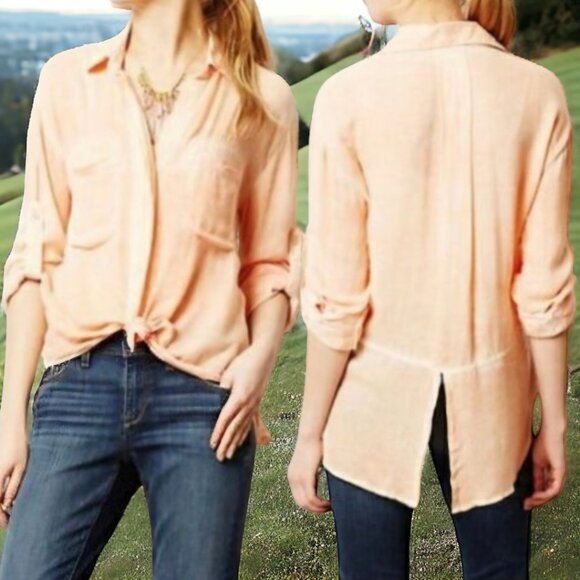 NWOT CLOTH & STONE (XS) 100% Linen Split Back Rolled Sleeves Peach Button Up - Picture 1 of 10